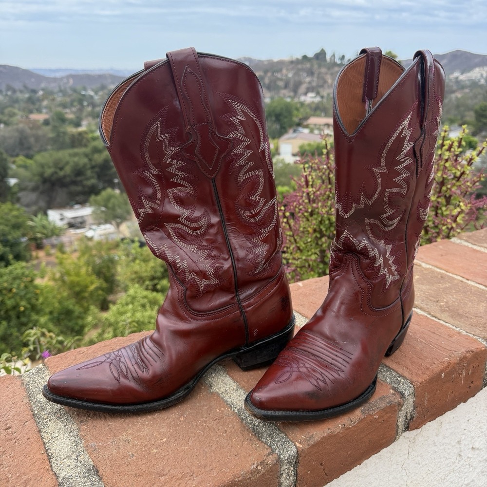 El Presidente Gold Collection Vintage Burgundy Leather Cowboy Boots Men 9 Mex 27